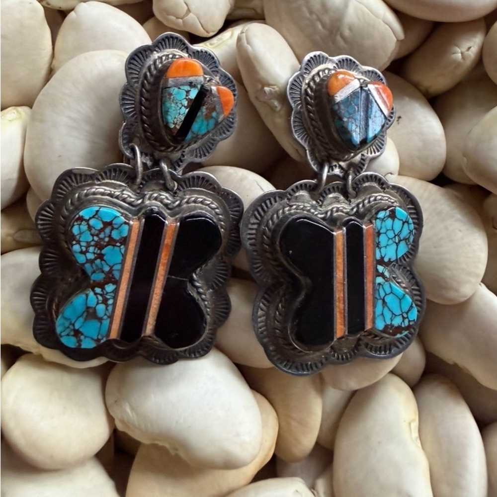 Oscar Alexius Vintage Native American Inlay Butterfly Earrings.